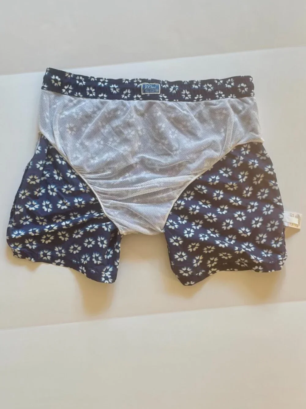 J. Crew men's swim shorts, navy with white flowers, size Medium
